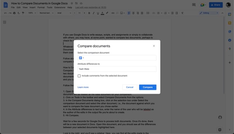 exécution d'une comparaison sur deux documents google docs