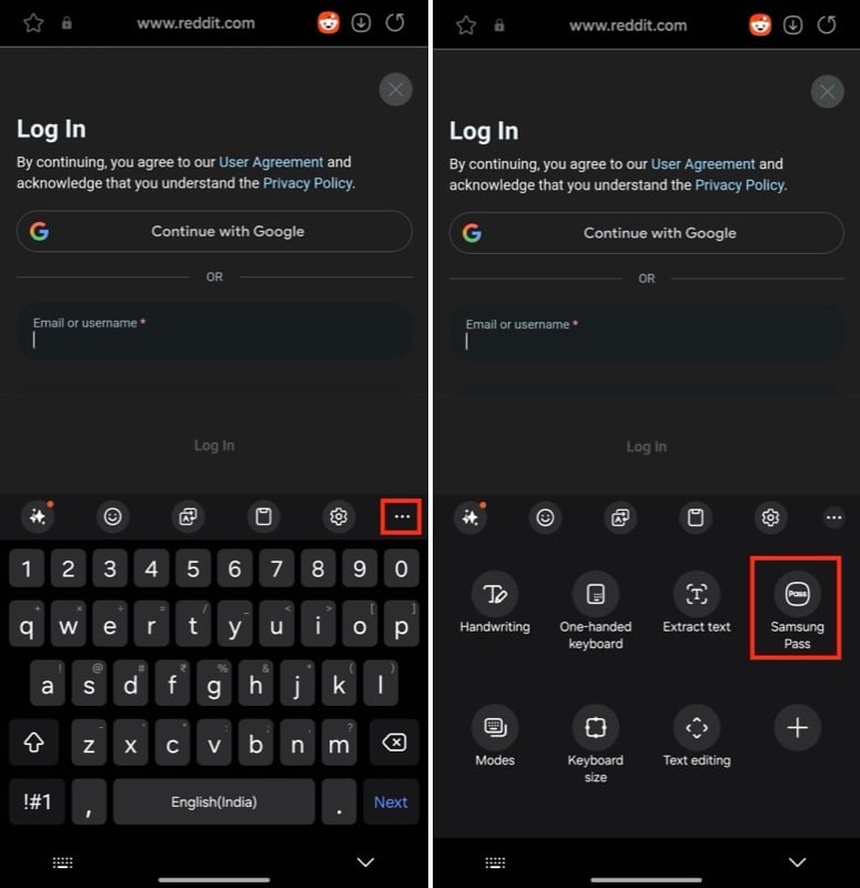 utilizzo della scorciatoia di samsung pass nella tastiera samsung per accedere alle credenziali di accesso salvate per un sito web su samsung internet.