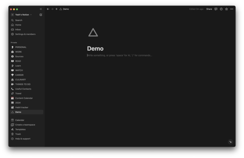 рабочее пространство notion внутри приложения notion на mac.