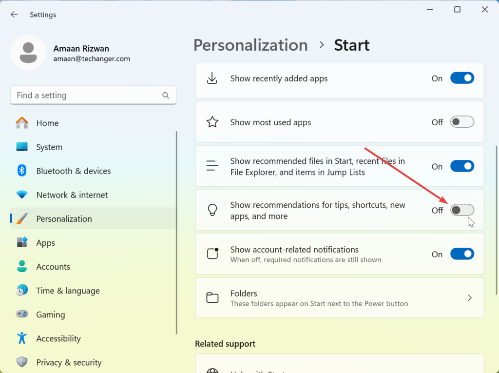 Désactiver les publicités du menu Démarrer dans Windows 11