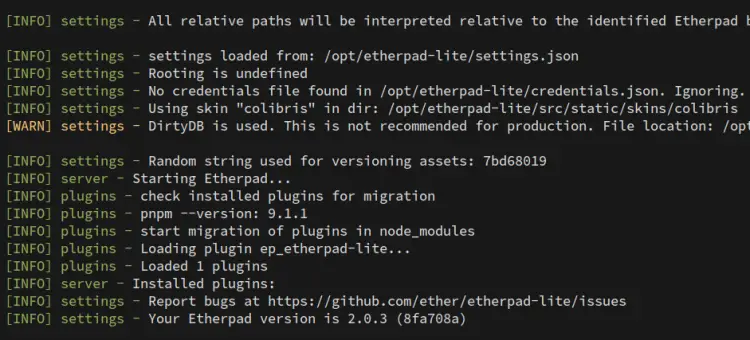 etherpad em execução