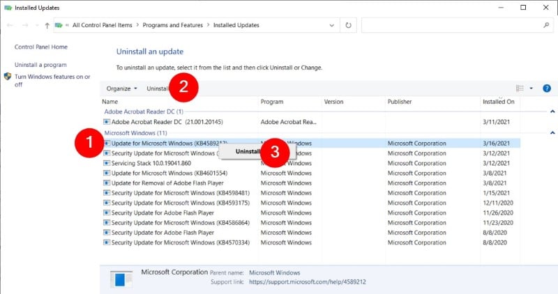 remove the recently installed update on windows 10