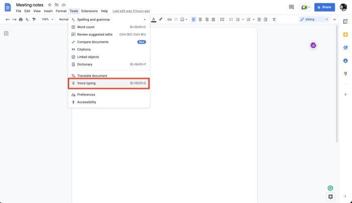 Aktivierung der Sprachsteuerungsfunktion von Google Docs