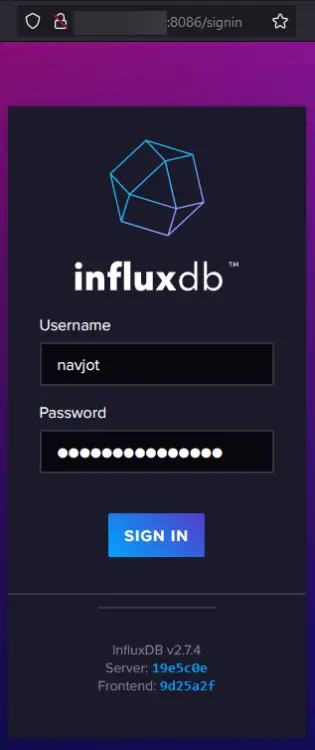 InfluxDB-Anmeldeseite