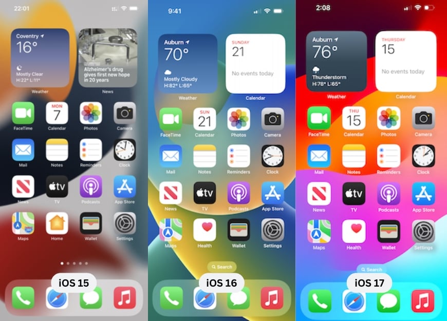 iOS 15 vs iOS 16 vs iOS 17 Home-Bildschirm Vergleich