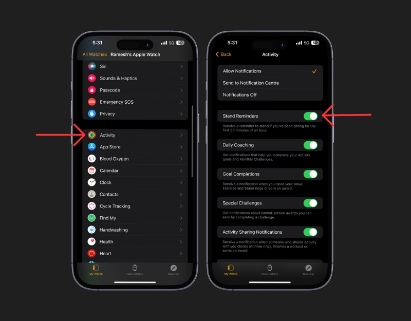 как установить напоминания о стоянии на apple watch