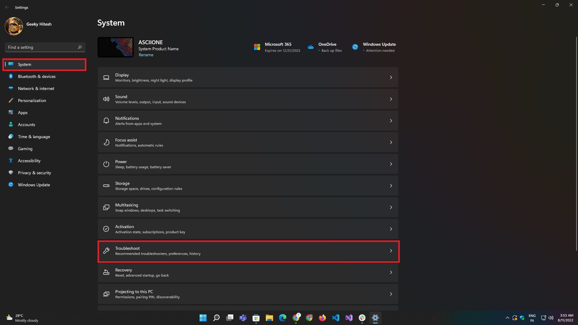 troubleshoot options in settings app