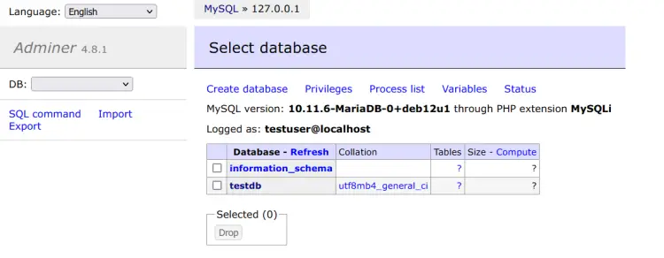 logado no testdb