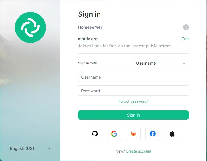 Página de Login do Element Web