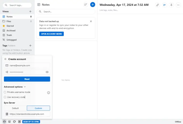 Создание учетной записи Standard Notes