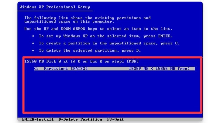windows xpパーティション画面