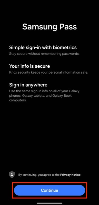 schermata di benvenuto di samsung pass su un telefono galaxy.