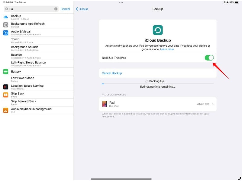 Bildschirm zeigt iPad-Sicherungsbildschirm