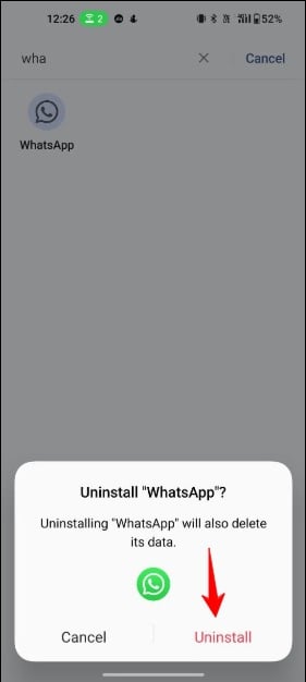 imagem mostrando opções de desinstalação do whatsapp no android