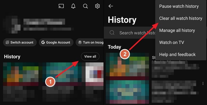 cancella cronologia delle visualizzazioni sull'app youtube
