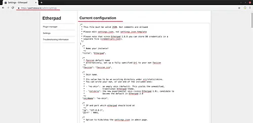 Конфигурация settings.json Etherpad