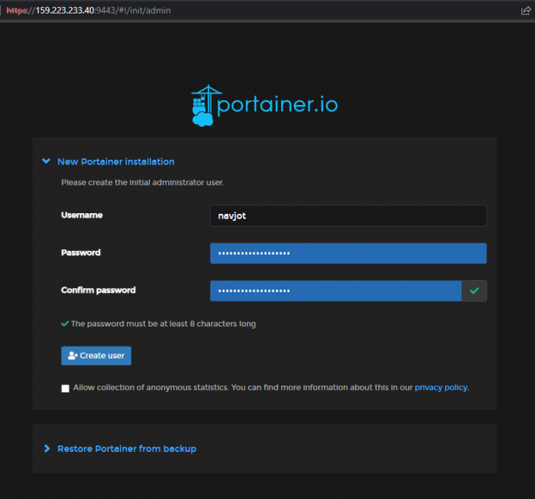 Portainerインストール画面