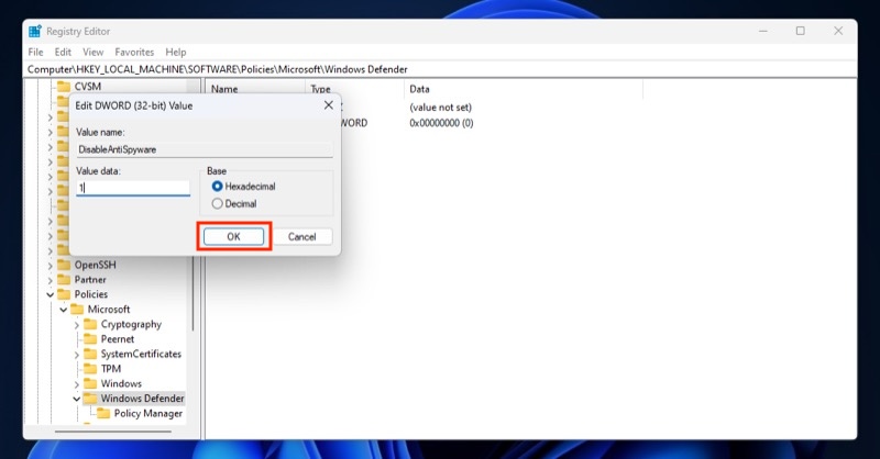 salvataggio di un nuovo dword nel registro di windows.