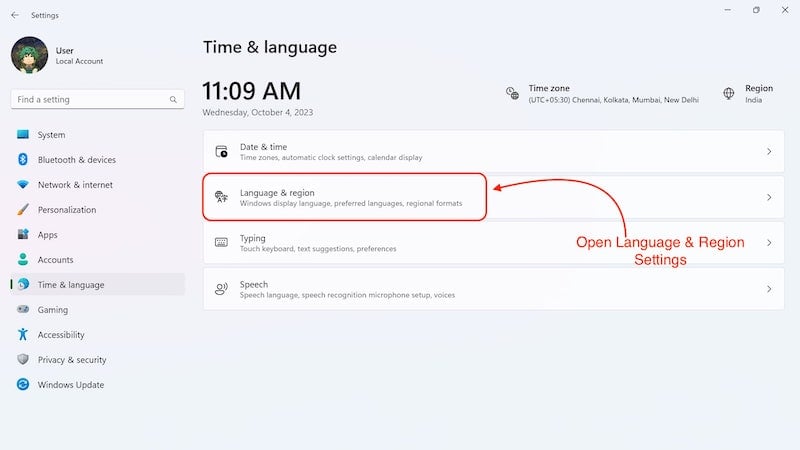 abra as configurações de idioma e região