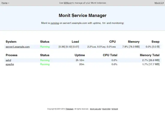 Administrador de servicios Monit - pantalla principal.