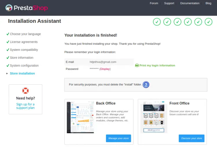 Installazione di Prestashop completata con successo