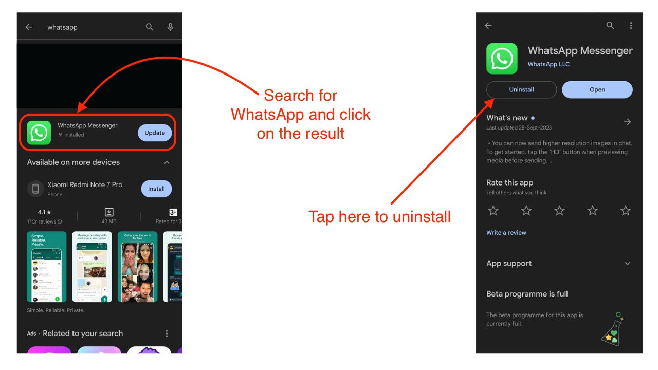 disinstalla whatsapp e reinstallalo