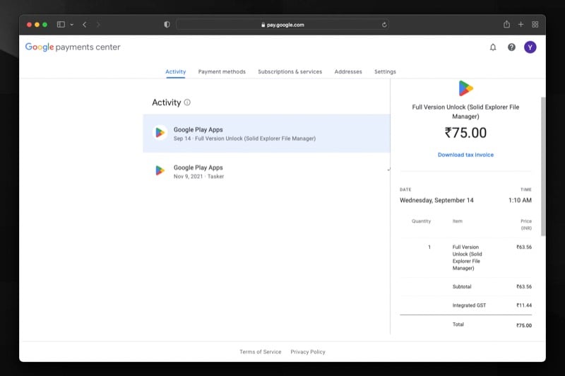 опция скачивания налогового счета в google pay