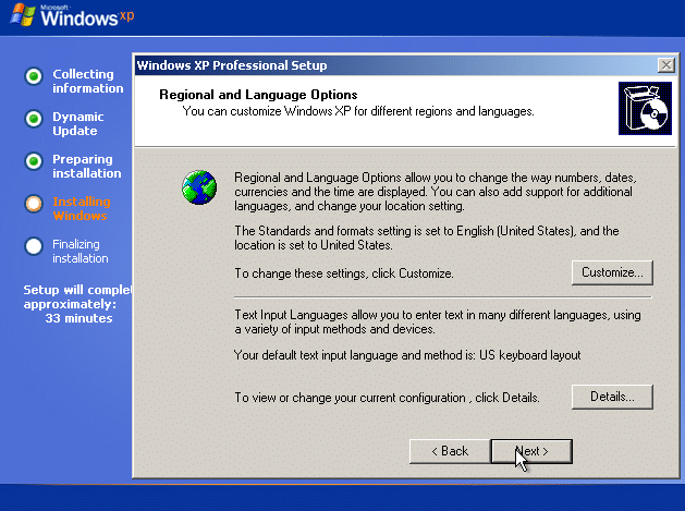 Paramètres de l'émulateur Windows XP