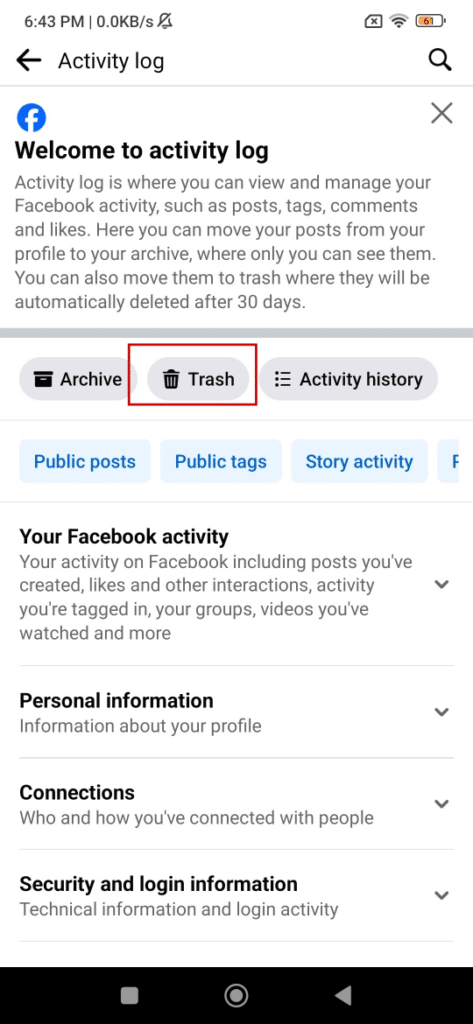 facebookのゴミ箱フォルダを開く