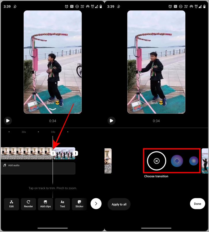 ajout de transition aux clips de reel instagram