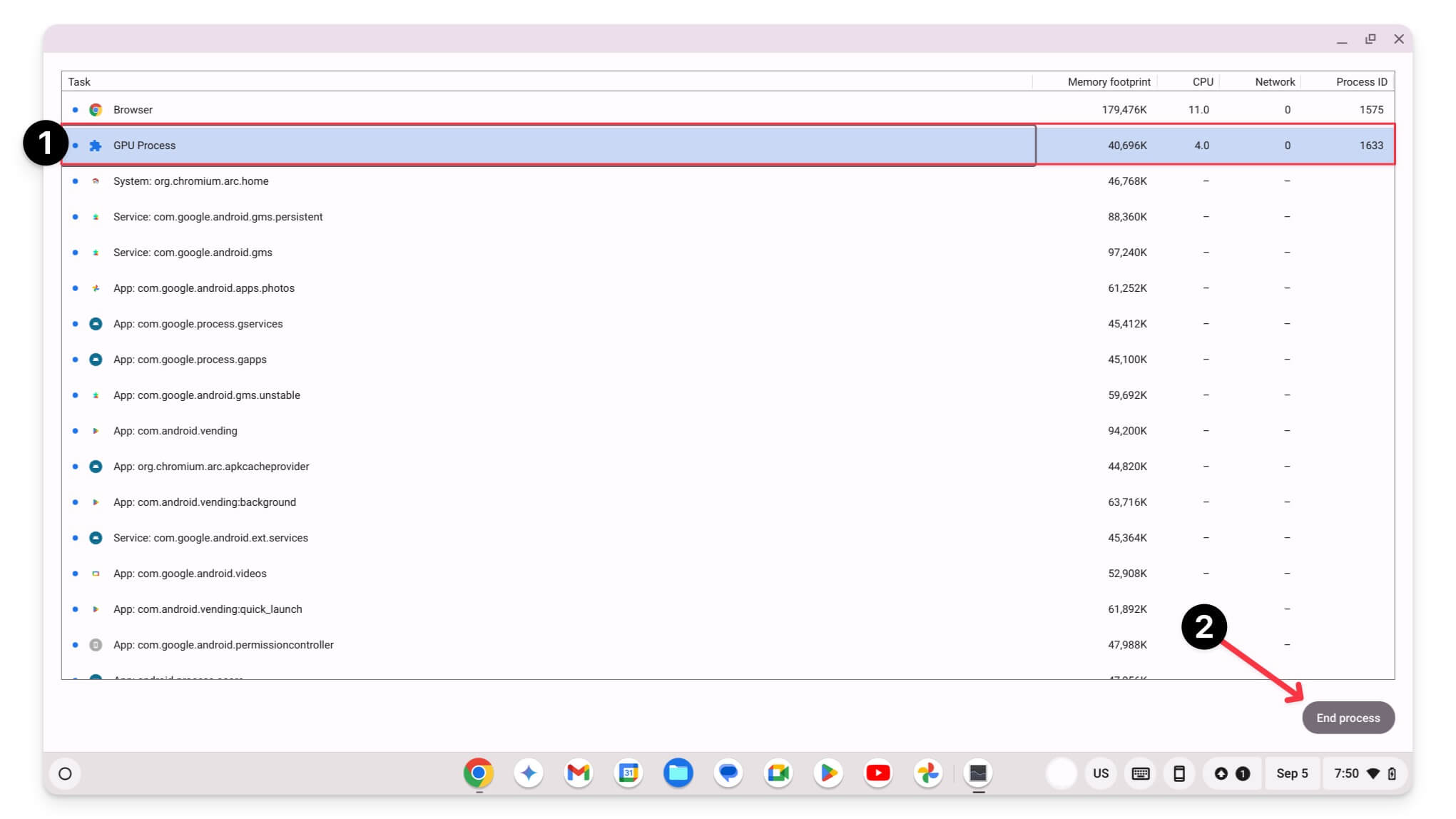 wie man prozess oder app auf chromebook mit task manager beendet