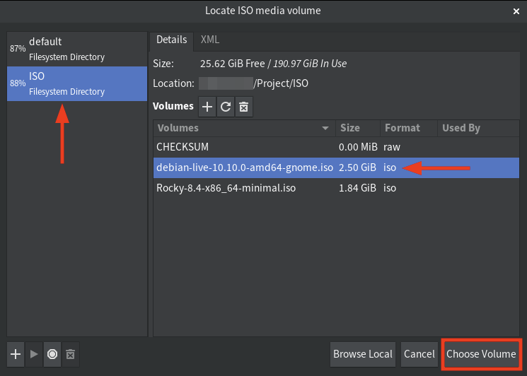Выберите файл ISO ОС для установки, пример Debian 10