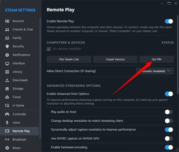 imposta pin steam link