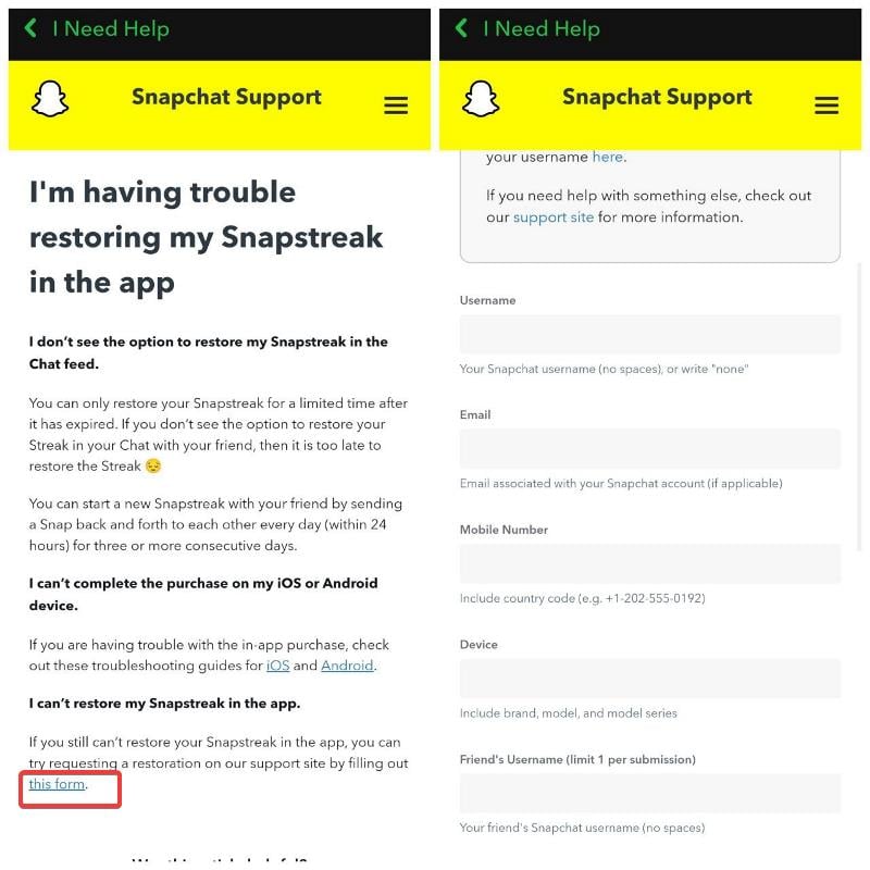 contactar soporte de snapchat para restauración de racha