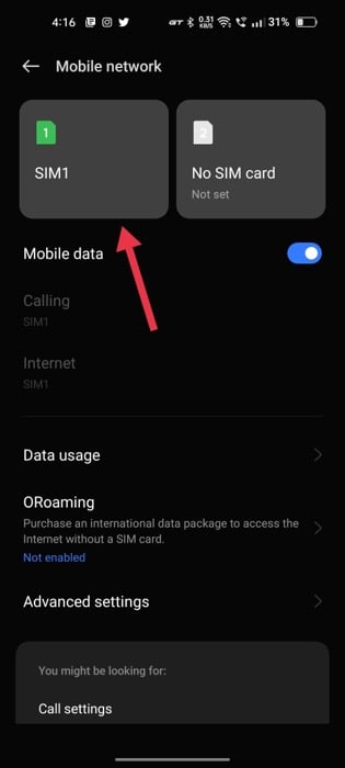 configuración de sim android