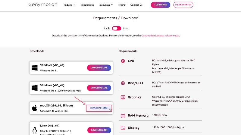 mac用のgenymotionをダウンロード