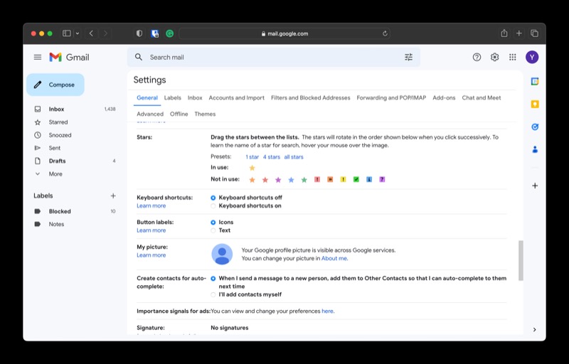 opzione scorciatoie da tastiera gmail attive