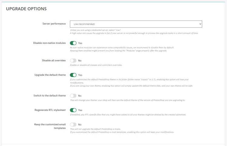 Options de mise à niveau de PrestaShop