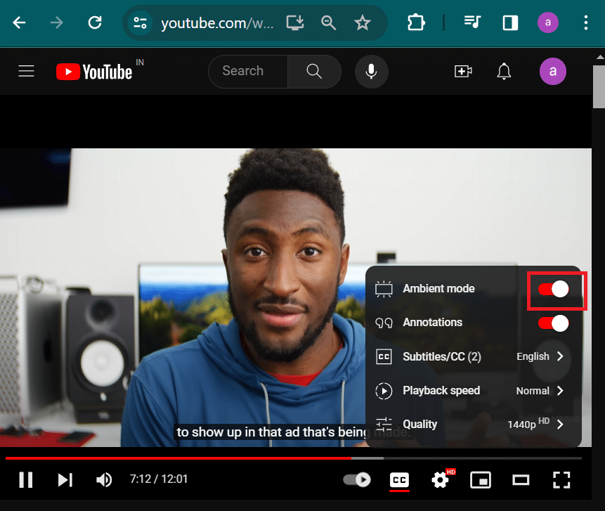 disabilitare modalità ambientale in youtube