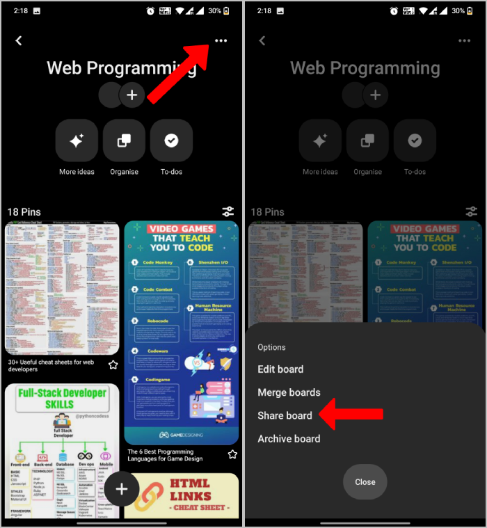 condivisione bacheca su app mobile pinterest