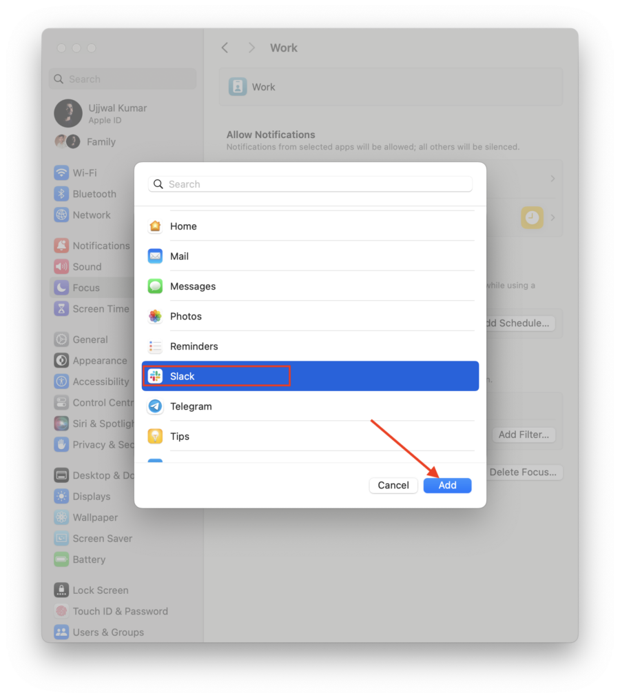 choisir l'application et appuyer sur ajouter