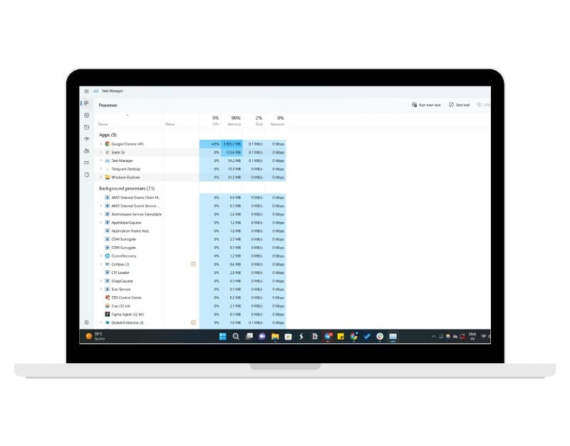 imagen mostrando recursos en segundo plano en laptop con windows