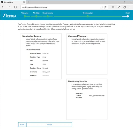 Icinga2 모니터링 모듈이 성공적으로 구성됨