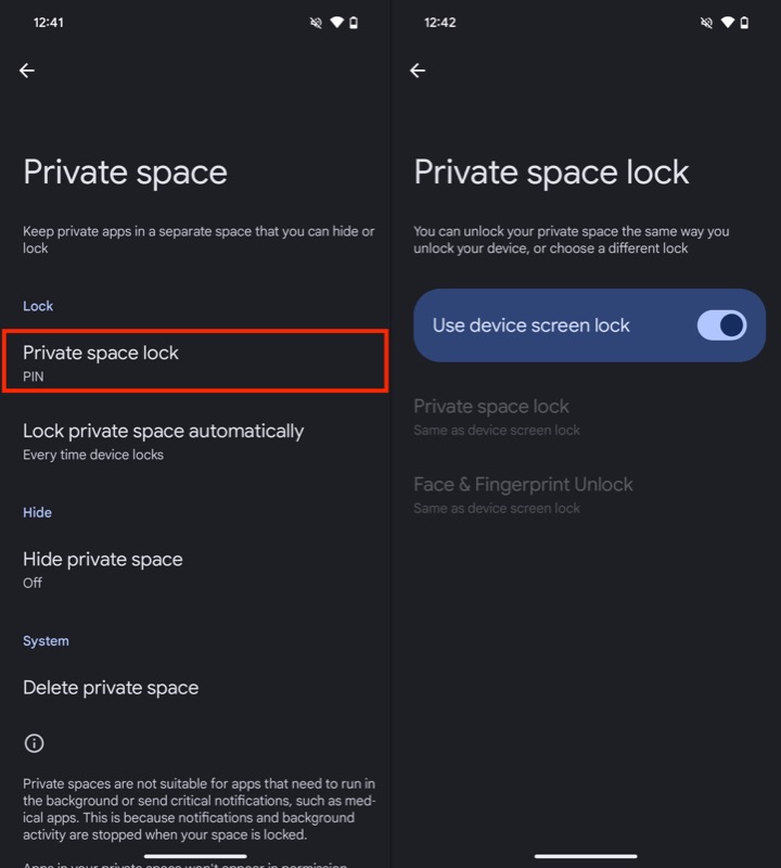 changer le verrou de l'espace privé sur un téléphone pixel.
