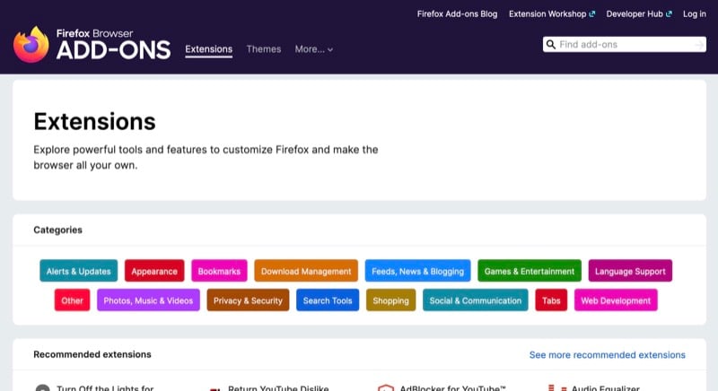 firefox 애드온 홈 화면
