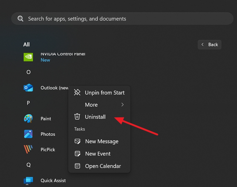 désinstaller l'application outlook