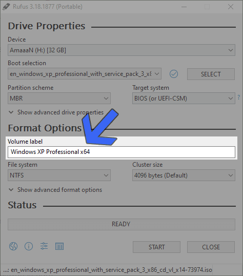 ブータブルWindows XPの名前を設定