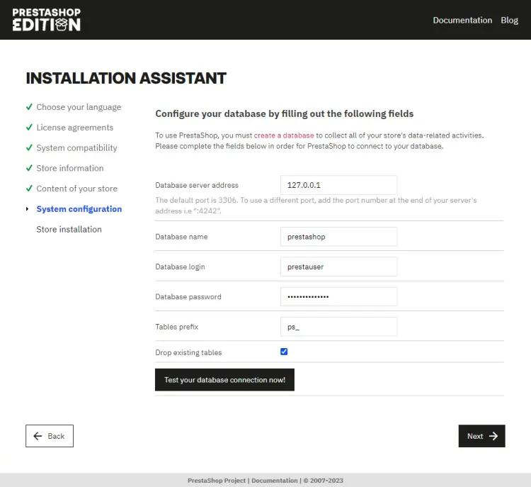 Configuration de la base de données PrestaShop