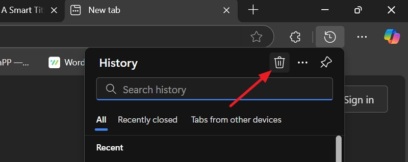 icône de corbeille dans l'historique de microsoft edge