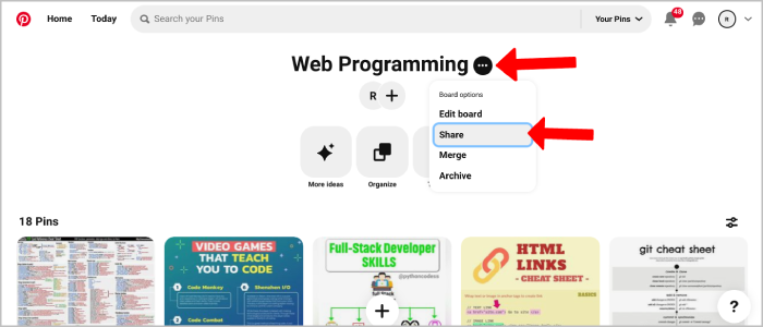 condivisione bacheca pinterest su webapp desktop